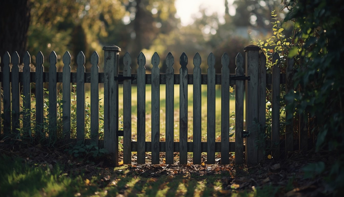 A small garden gate stands slightly open in soft morning light.