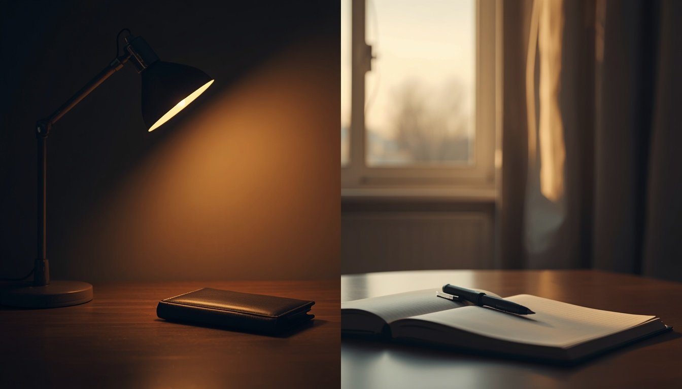 wallet under lamp beside notebook reflecting money mindset