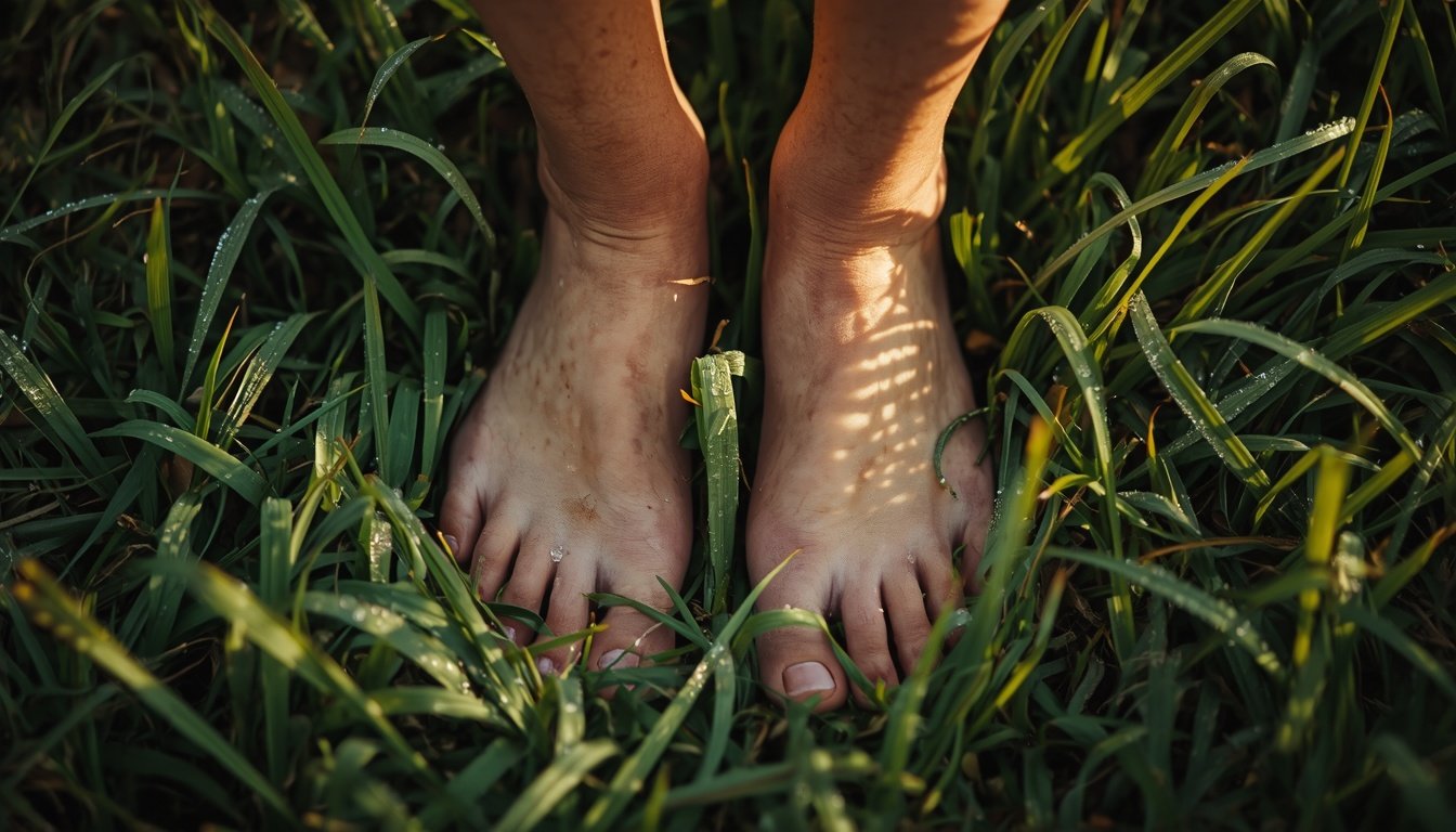 Bare feet on grass showing grounding as an anxiety management technique