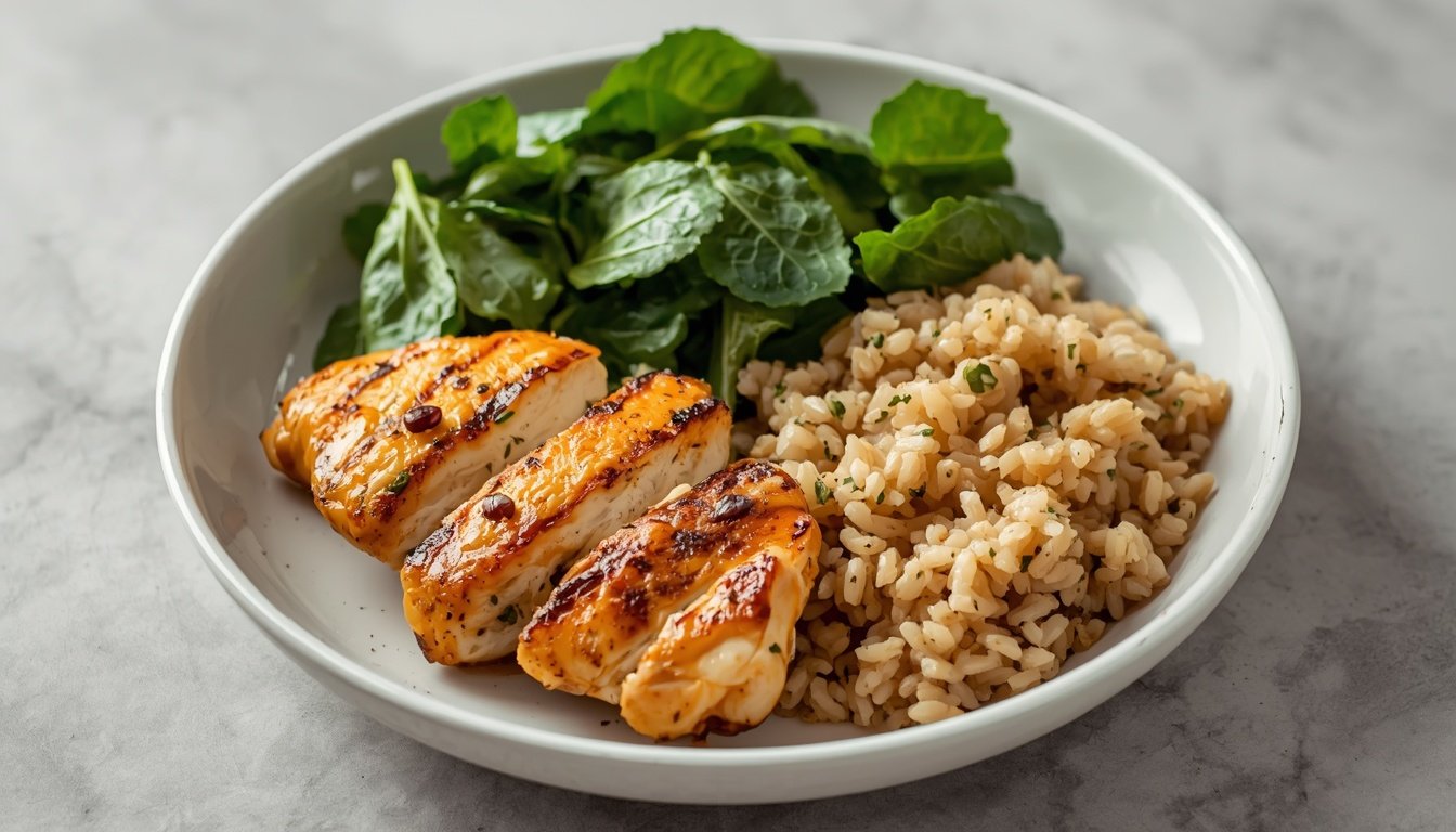 A balanced lunch plate with grilled chicken, greens, and whole grains sits in natural light.