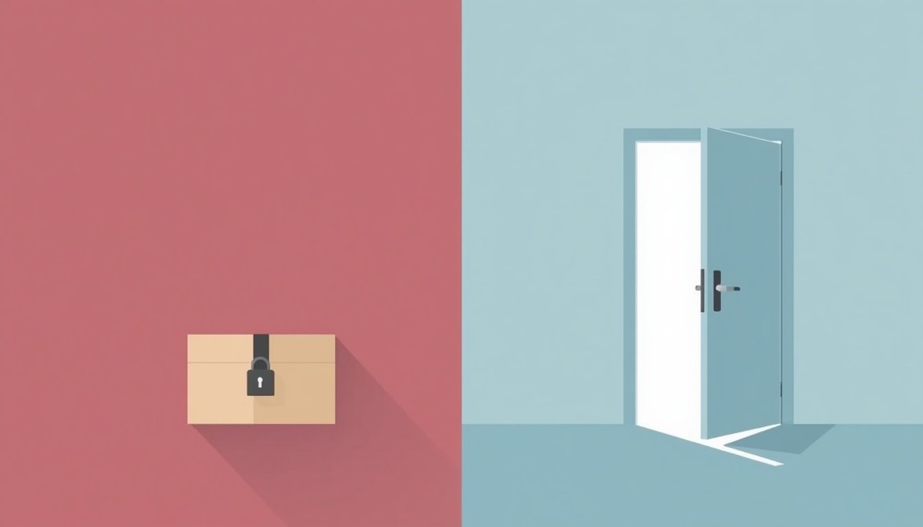 Locked box and open door symbolizing choice toward better mindset