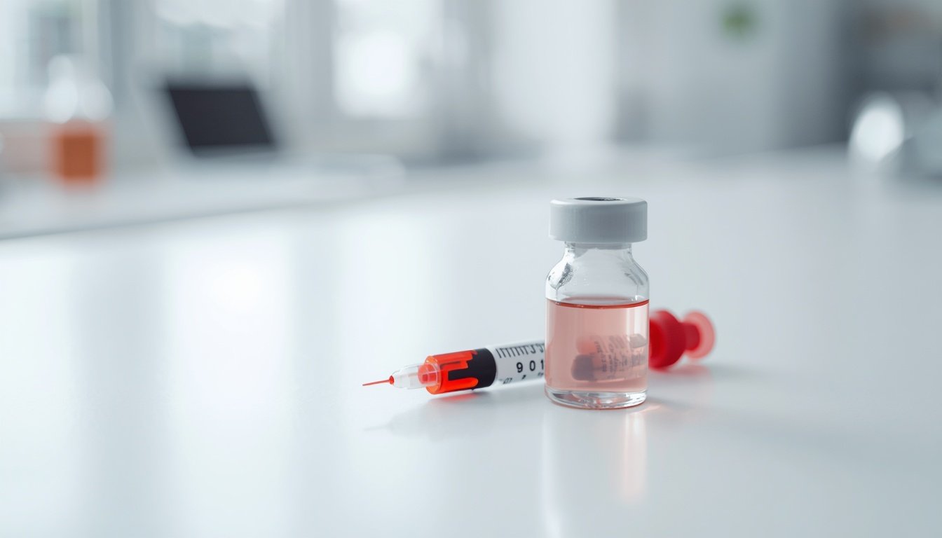 A glass vial rests on a clean countertop, suggesting a routine blood test.