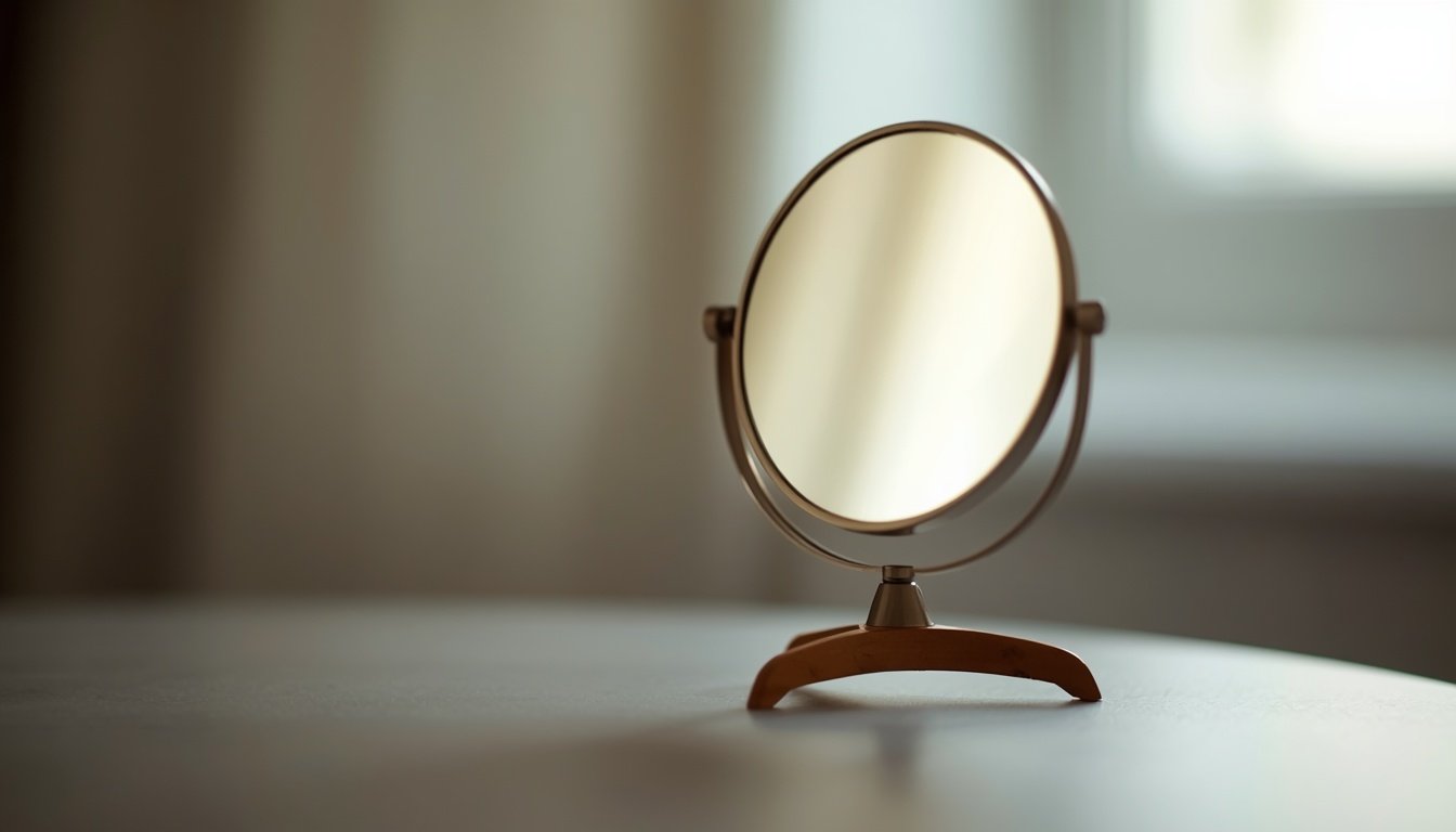 A small mirror on a table reflects a soft blur of light instead of a clear image.