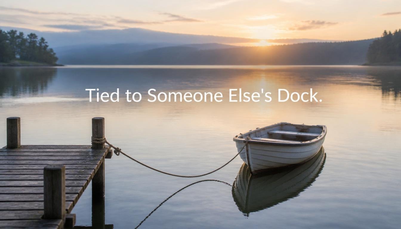 A small boat drifts on calm water, tied close to a dock by a long rope.