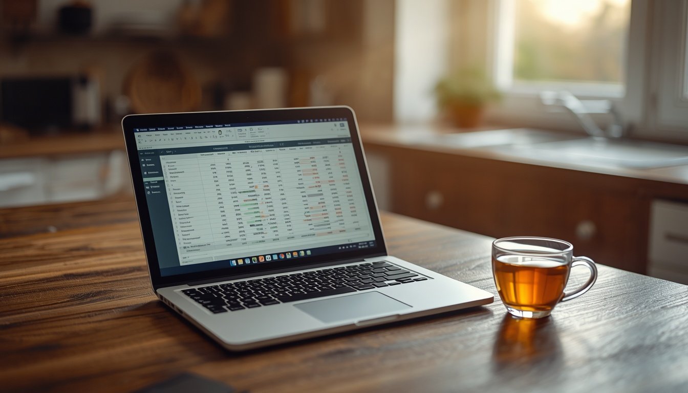 A laptop shows a budgeting spreadsheet beside a cup of tea.