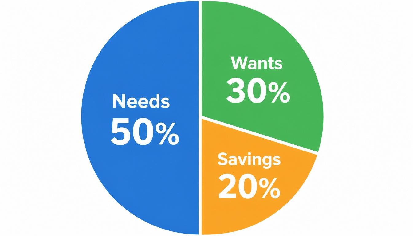 Pie chart showing 50 30 20 budgeting rule for needs wants and savings