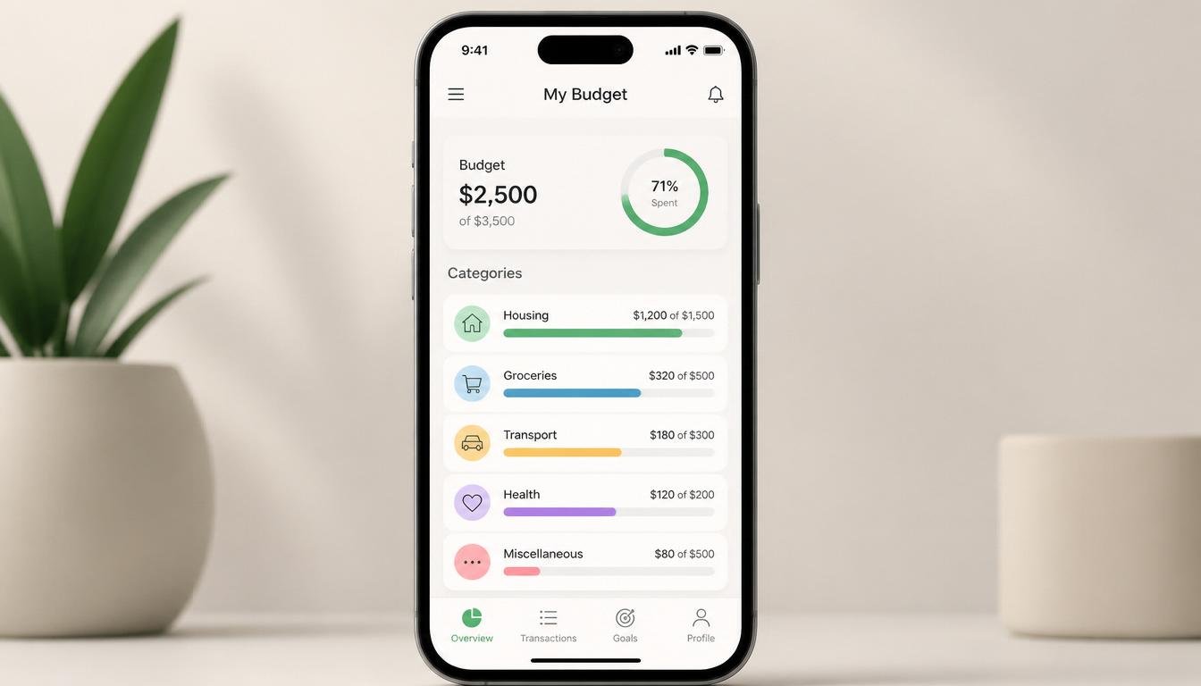 Mobile budget tracking app showing monthly spending categories