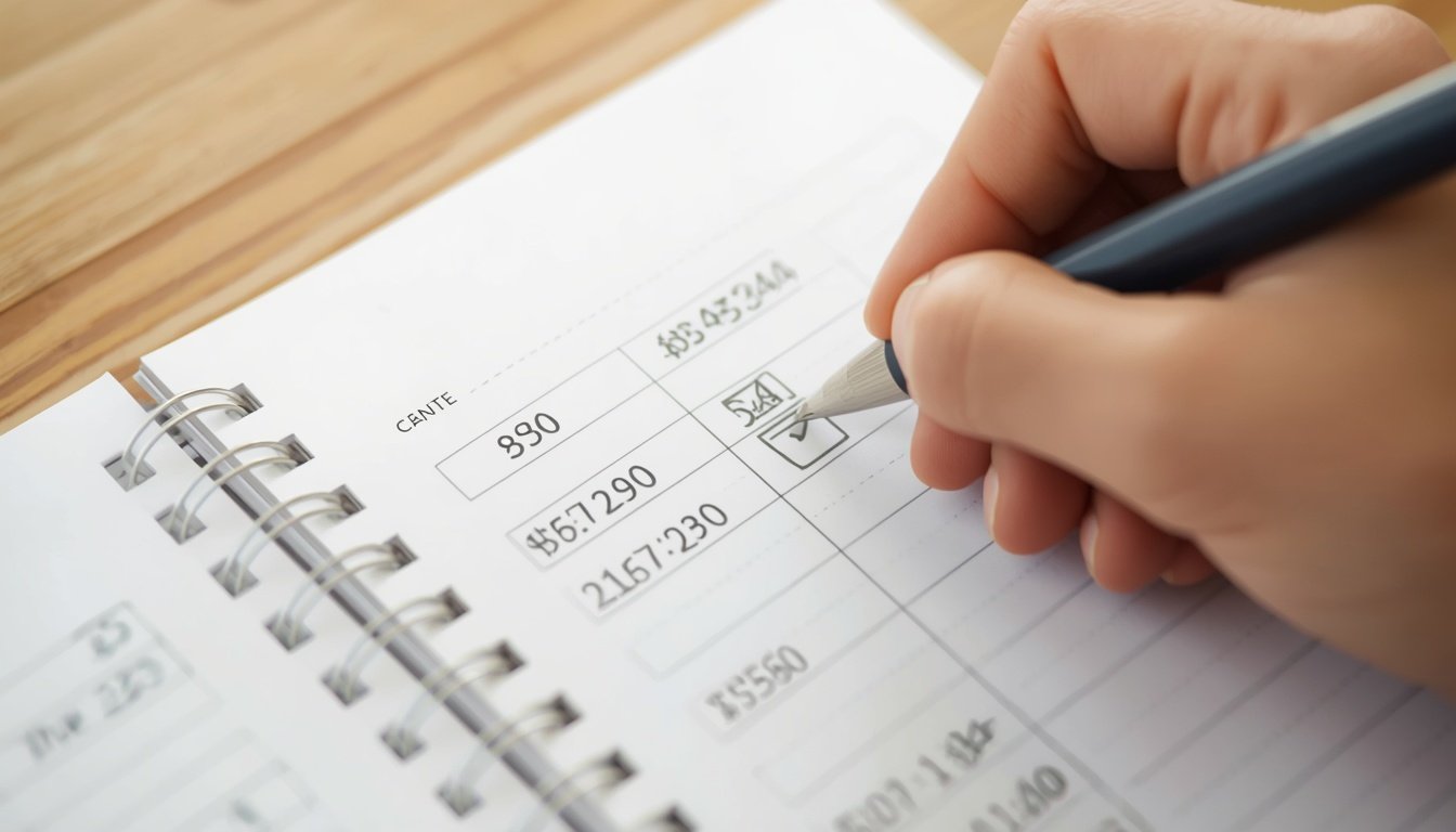 Hand writing budget numbers in notebook for manual expense tracking