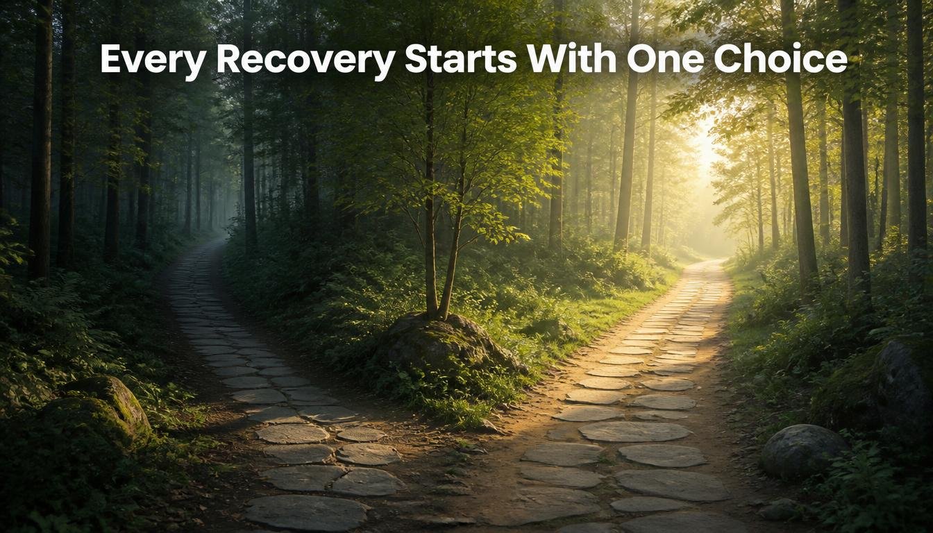 Forest path moving from darkness to light showing building resilience through choice