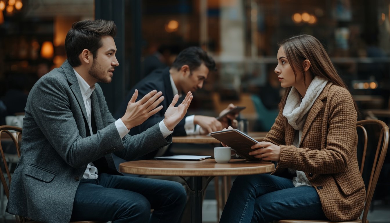 Two friends discuss financial insecurity openly over coffee at a cafe table.