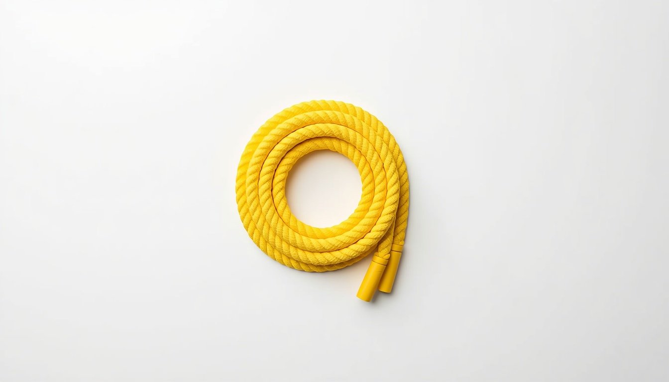 Yellow jump rope coiled showing a simple cardio exercise tool