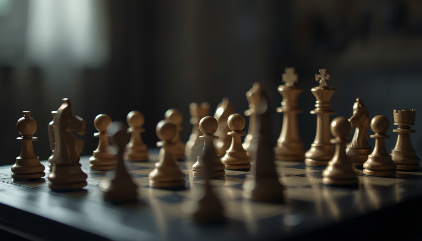 A chess board sits mid-game with several pieces already moved.