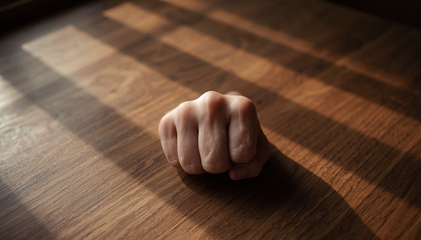 A tightly clenched fist rests on a wooden table with knuckles turning pale.