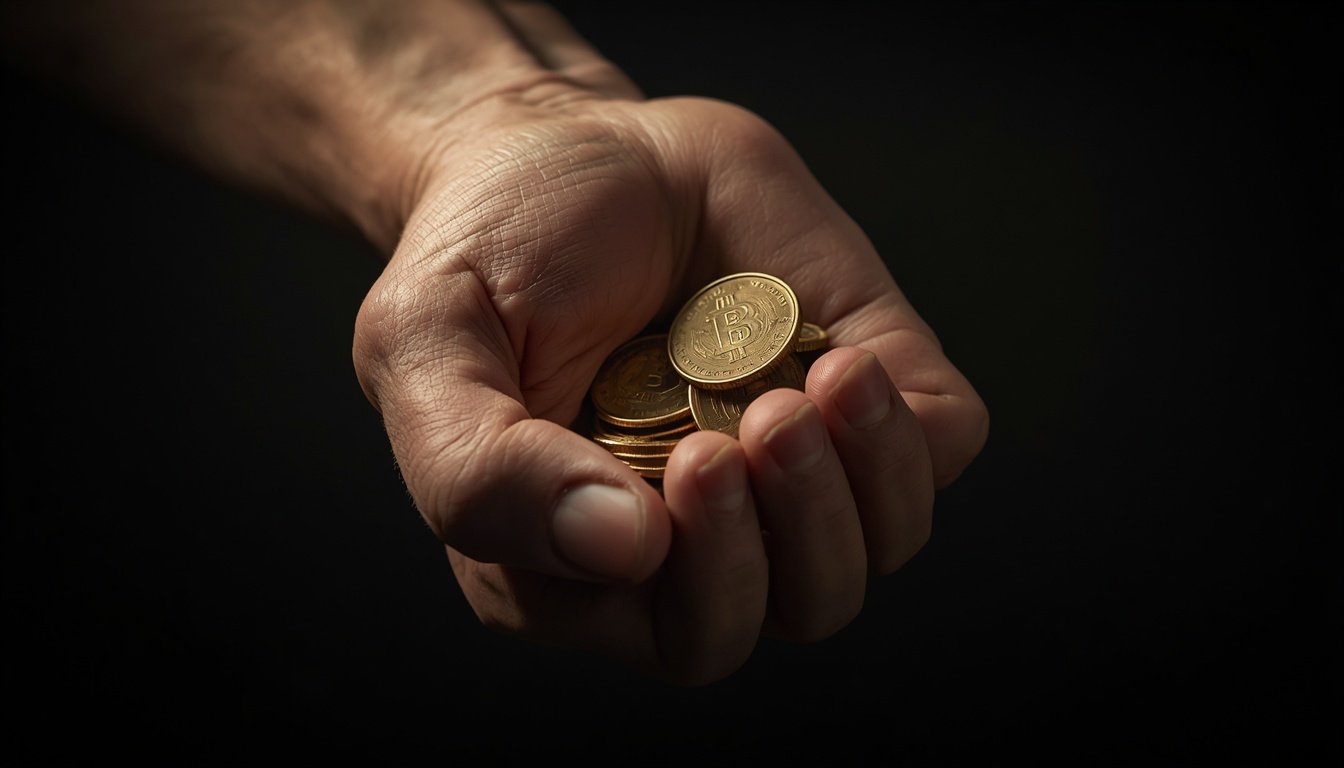 A tightly closed fist grips a few coins with whitened knuckles.