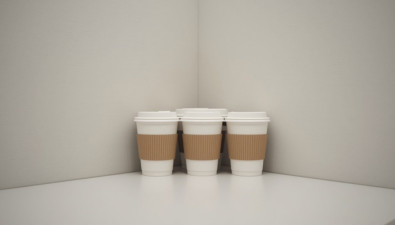 A small pile of coffee cup sleeves sits stacked in the corner of a desk.