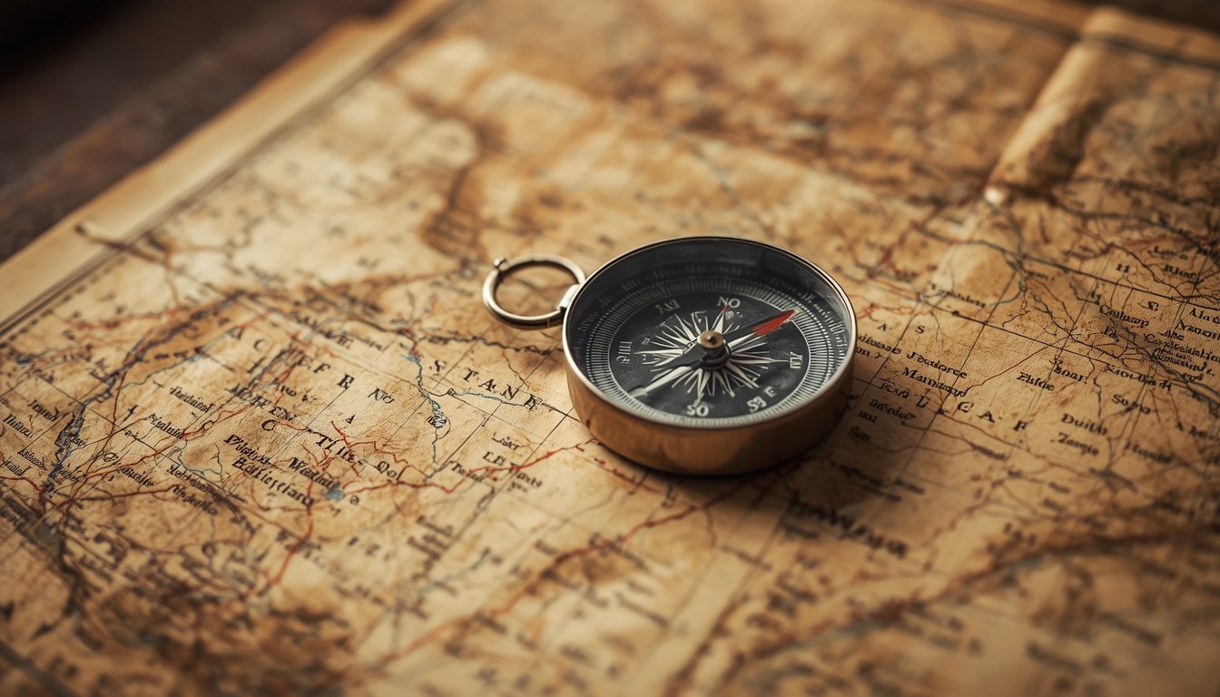 A compass needle sits slightly off true north on a paper map.