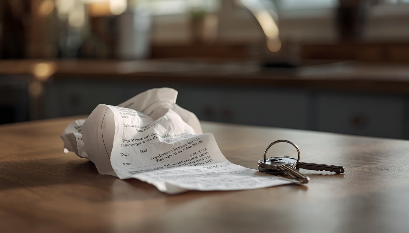 A crumpled shopping receipt lies on a kitchen counter beside a set of keys