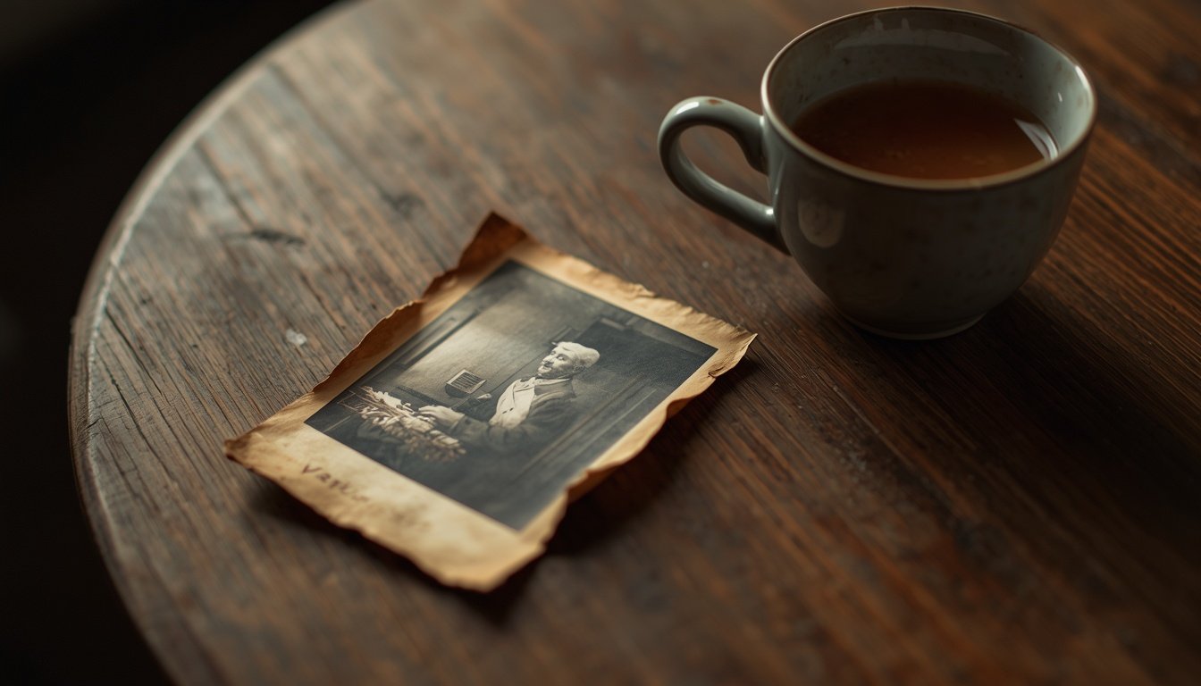 An old, curled photograph rests on a wooden table beside a cup of tea.
