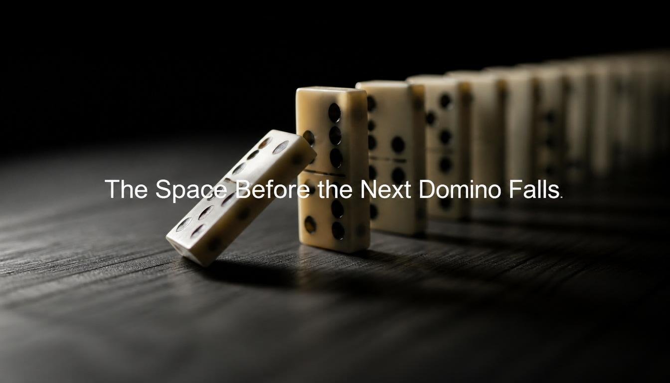 A single domino tips mid-fall just before striking the next piece in line.