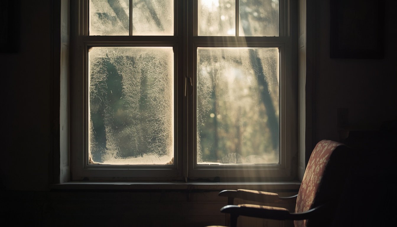 Soft daylight streams through a window, dust visible in the beam near an empty chair.