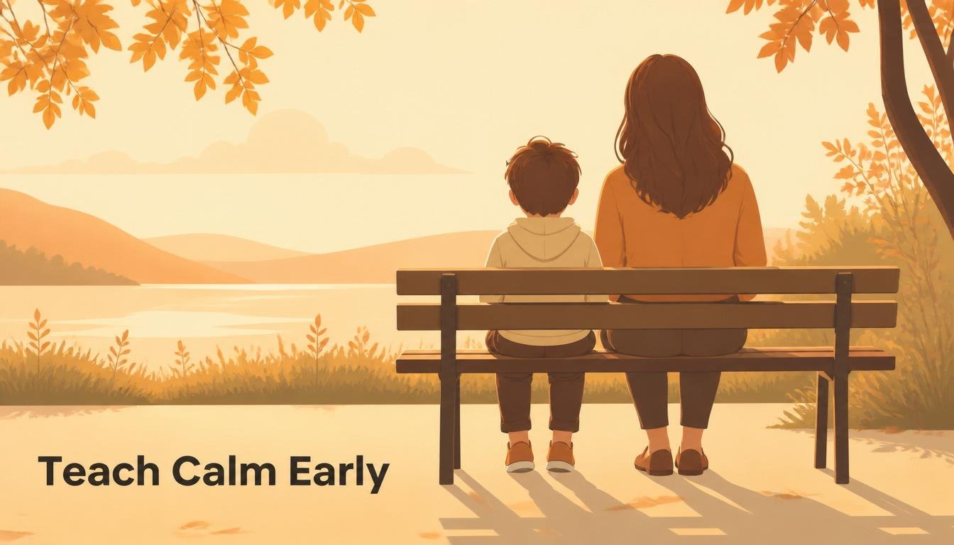 Adult and child sitting calmly outdoors reflecting emotional regulation teaching