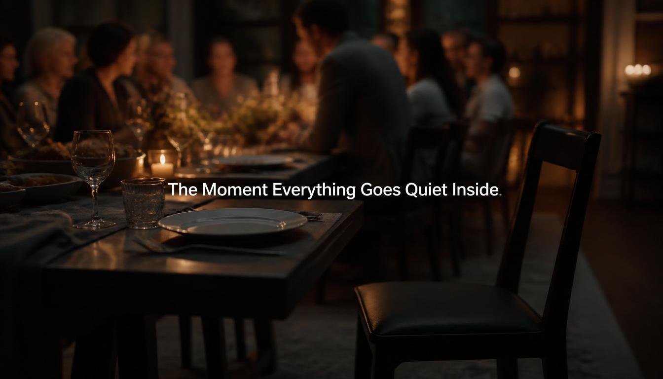 An empty chair sits pulled back from a warmly lit dinner table.