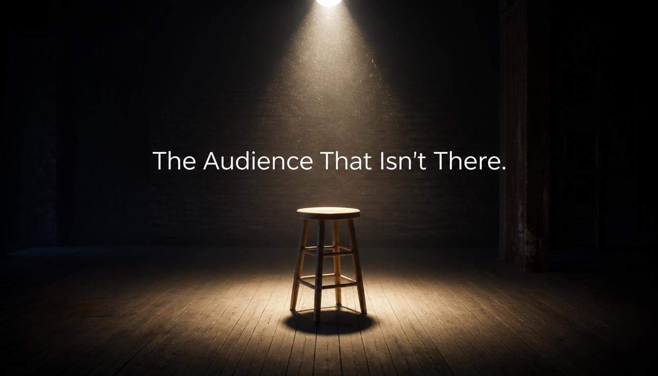 A bright spotlight shines on an empty stool in an otherwise dark, empty room.