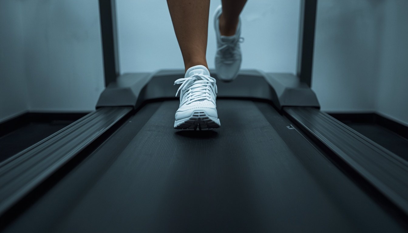 Feet walking on treadmill showing simple cardio exercise for beginners