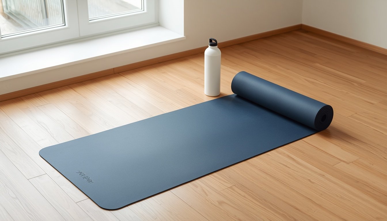 Yoga mat and water bottle ready for beginner exercise at home