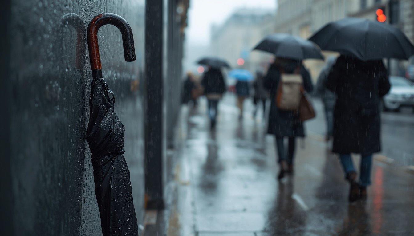 A tightly folded umbrella leans against a wall on a rainy day while others stay open.