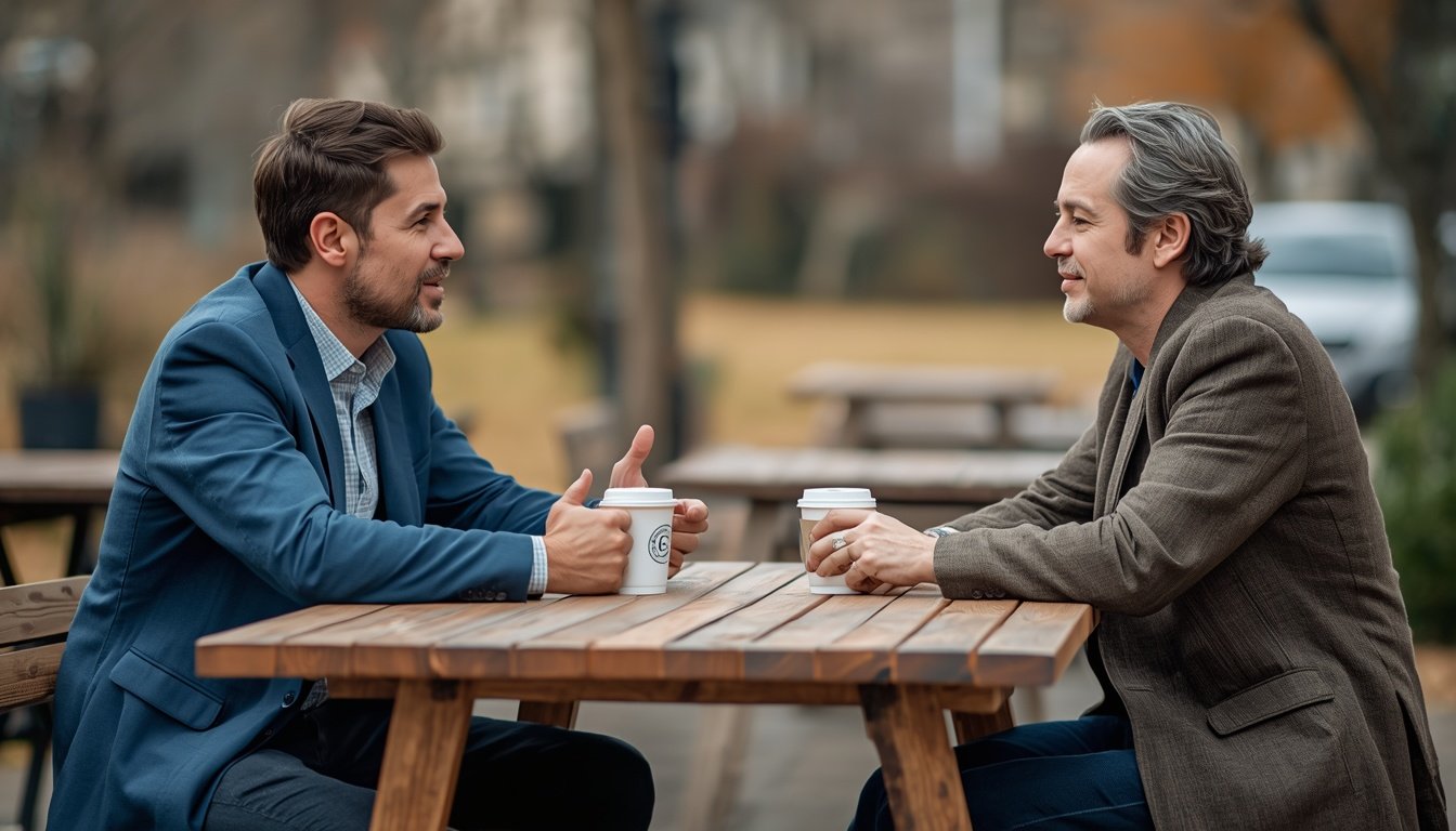 Two friends talk over coffee at an outdoor wooden table.