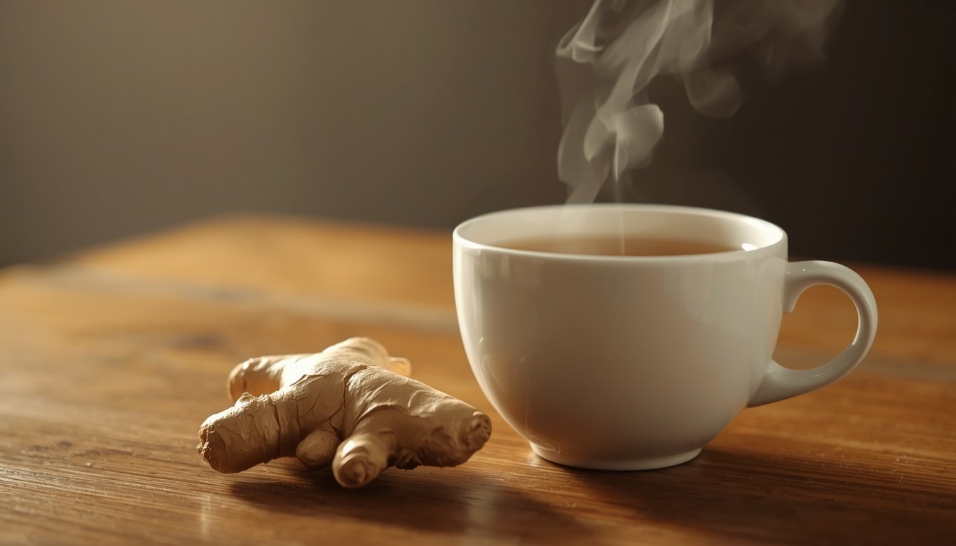 A ginger root sits beside a steaming cup of plain tea on a wooden table.