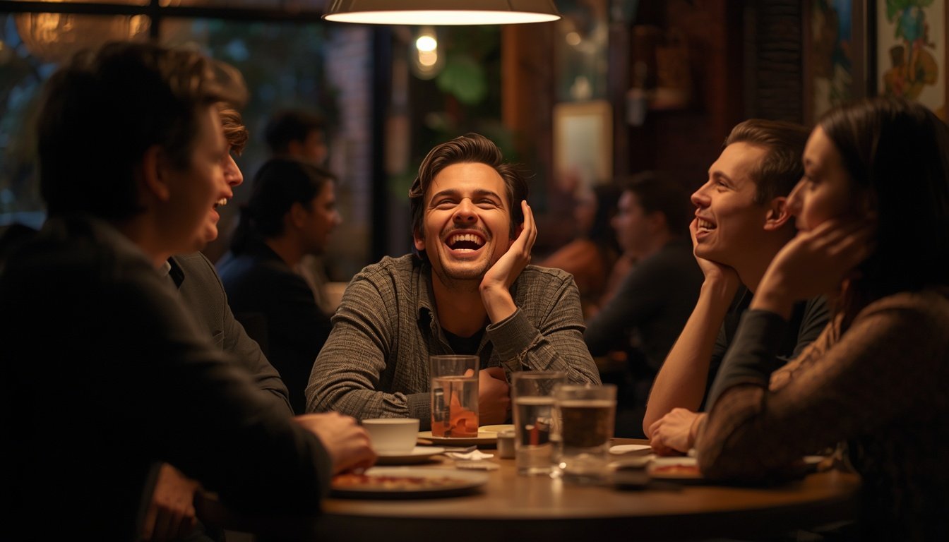 A small group sits around a table with varied expressions as one person laughs.