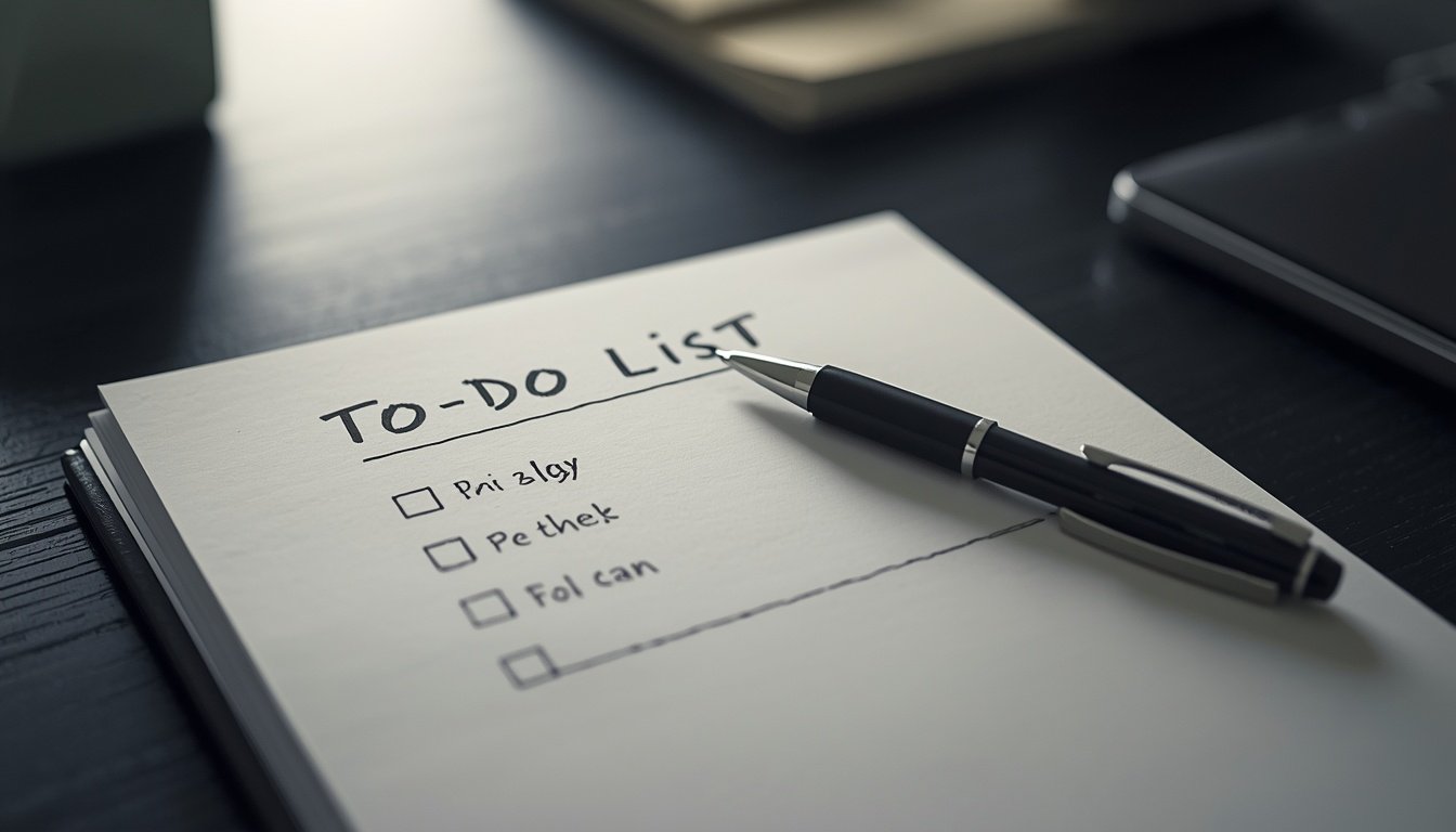 A half-finished to-do list sits on a notepad with a pen resting on top.