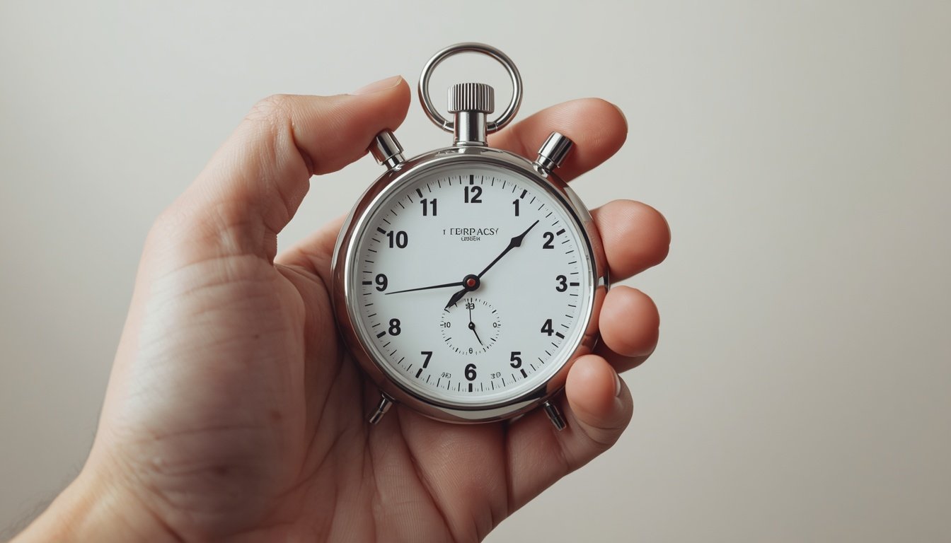 A hand holds a stopwatch with the second hand caught mid-tick.