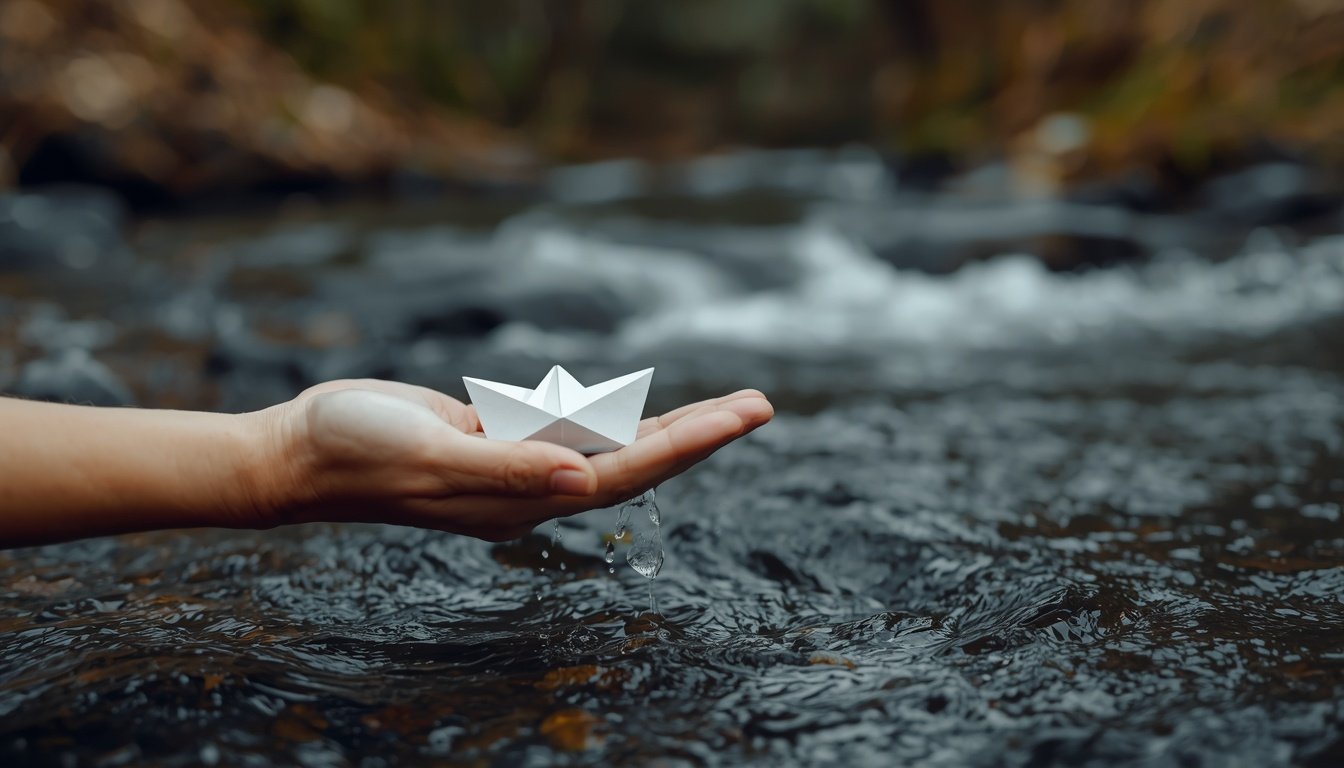 An open hand releases a paper boat, symbolizing abundance thinking and letting go.