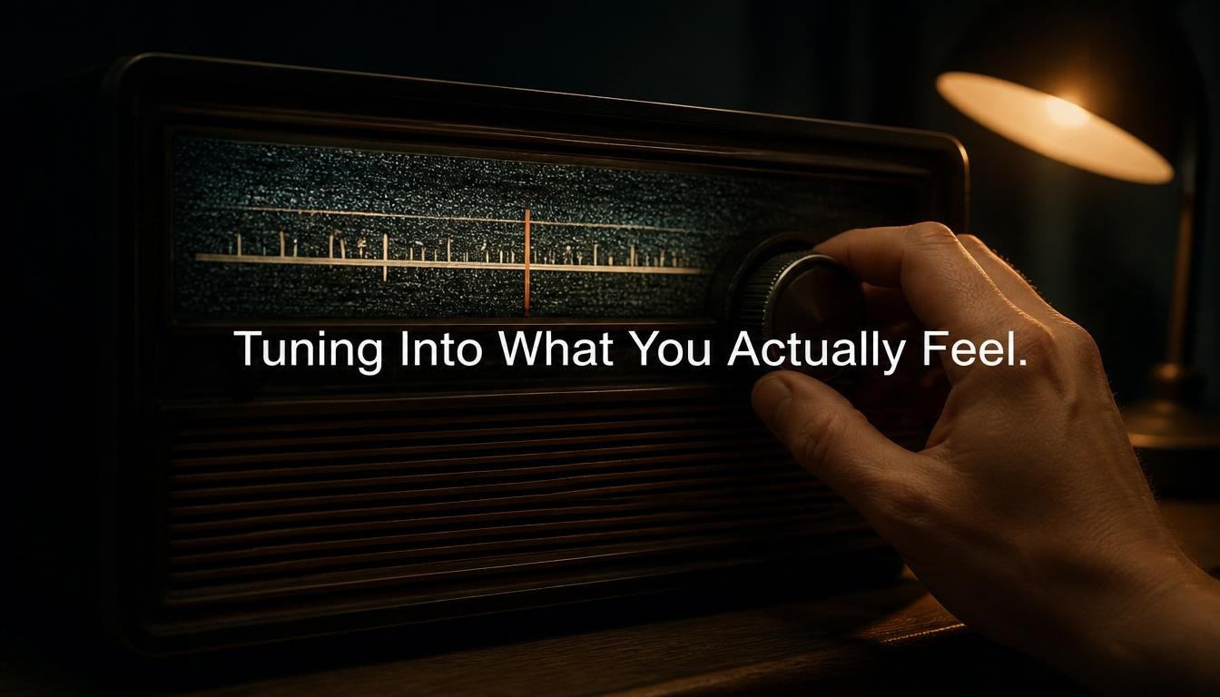 A hand adjusts a radio dial between stations, representing the search for emotional clarity.