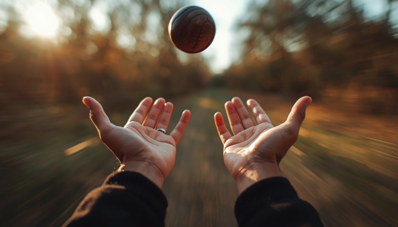 Two hands reach to catch an object mid-air with visible motion blur.
