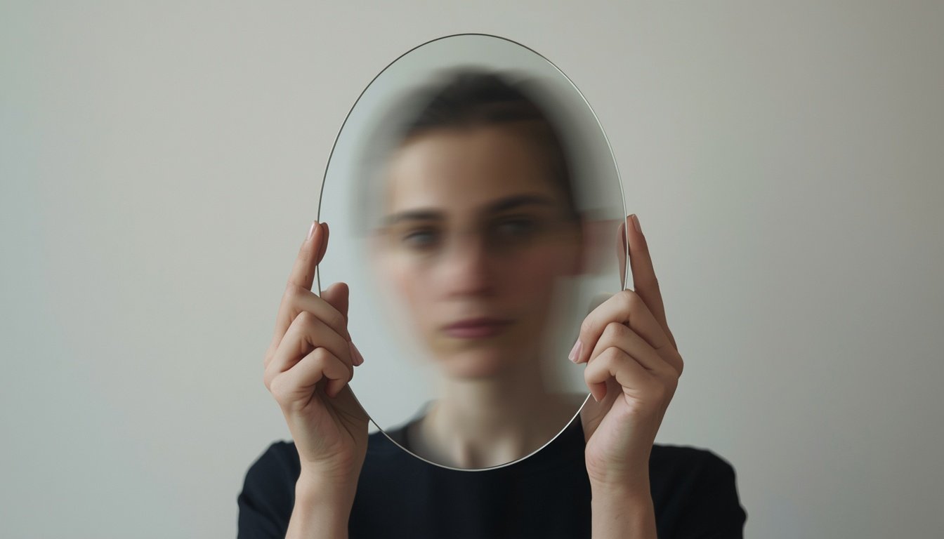 Hands hold a mirror reflecting a blurred, unclear shape instead of a face.