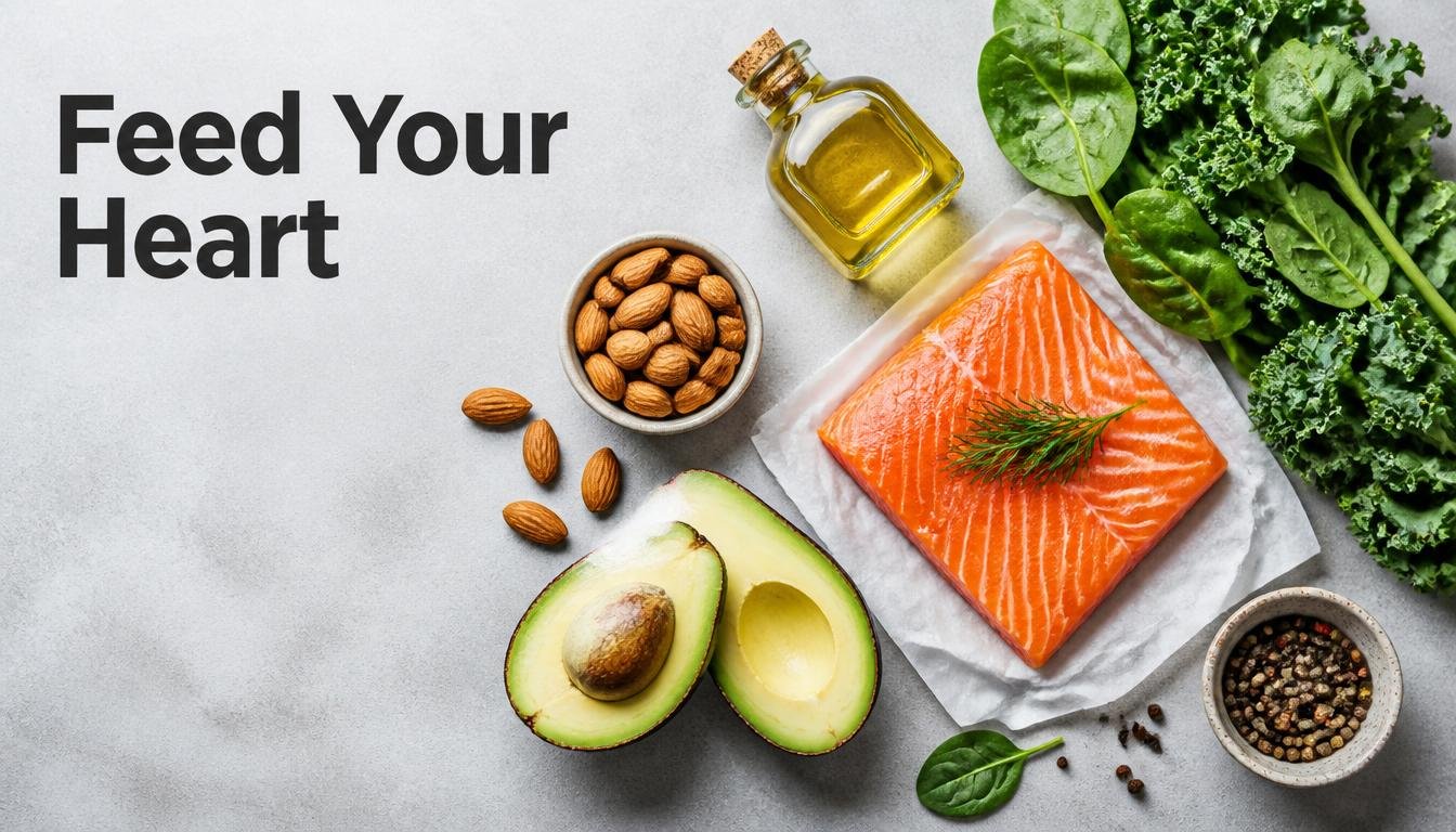 Salmon avocado and almonds representing heart friendly healthy eating