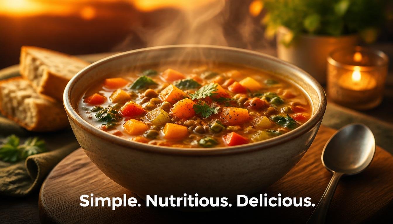 Steaming vegetable soup showing simple and nutritious healthy eating