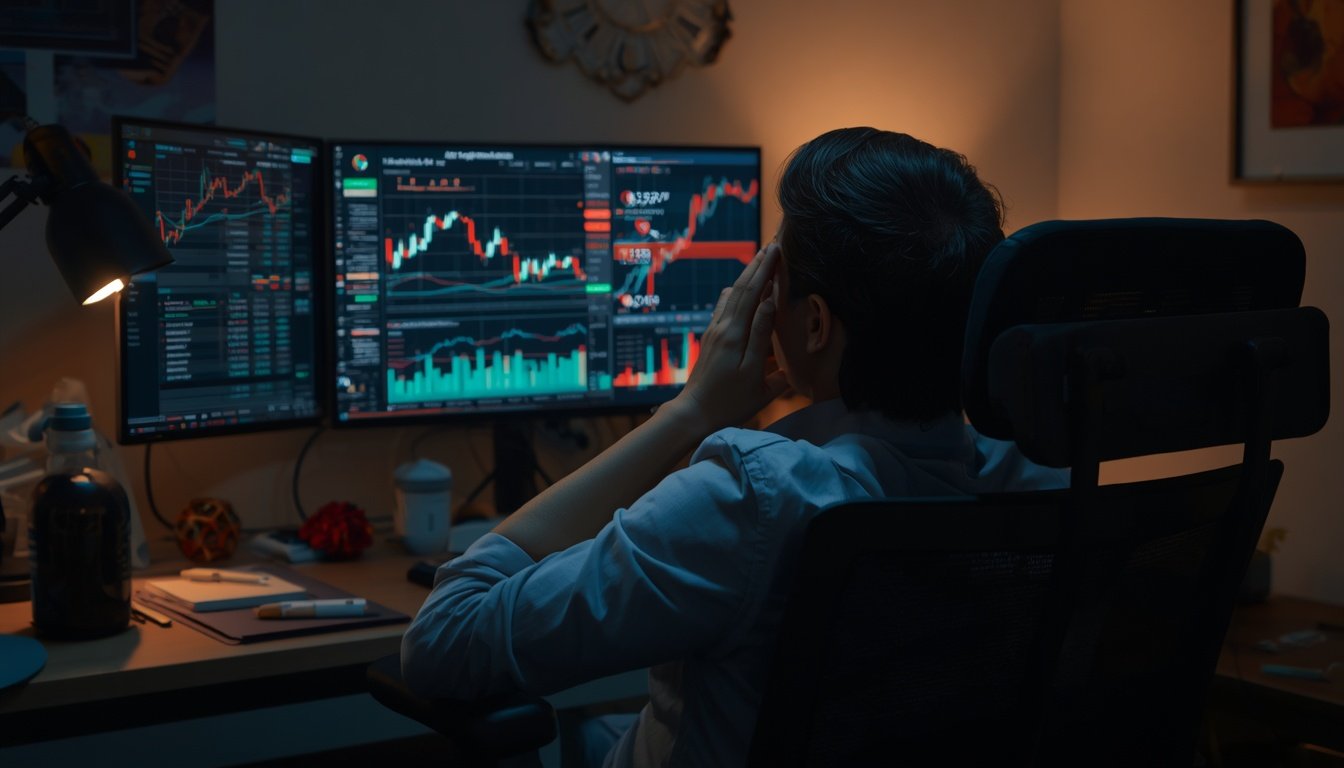 A person sits with hands over their face beside financial charts on a monitor.