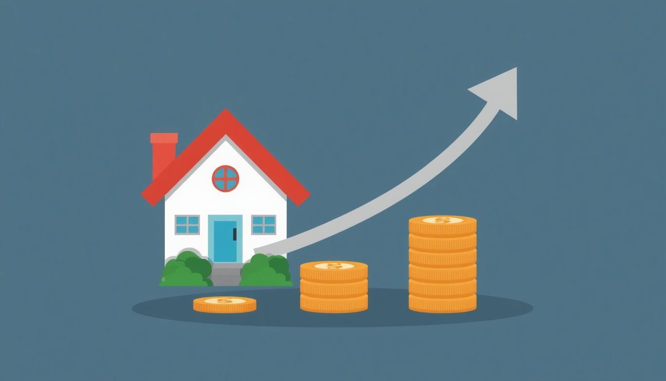 House with growing coin stacks representing real estate investment returns