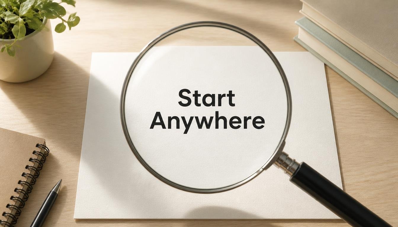 A magnifying glass over a blank piece of paper, representing breaking a creative block