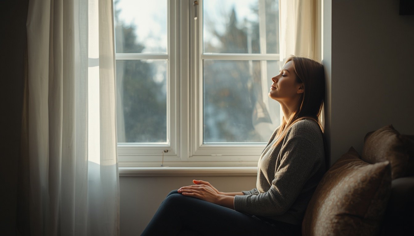 Woman relaxing by window practicing calming mind habits