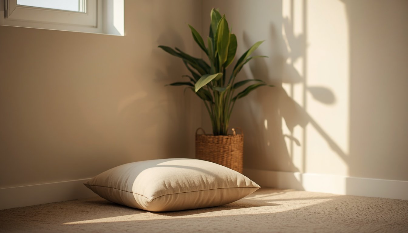 Quiet sunlit corner with cushion set up for daily mindfulness practices