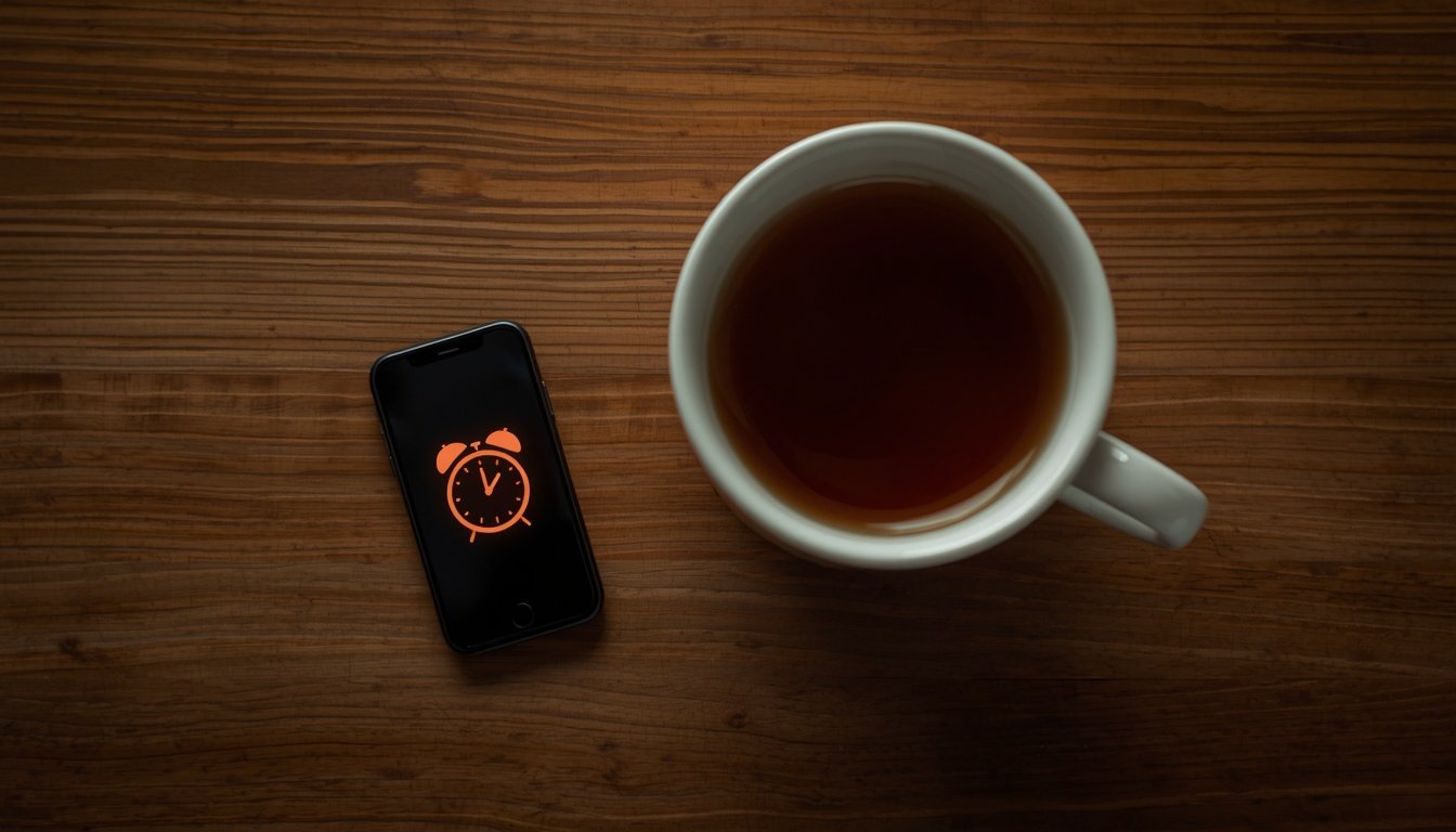 Phone alarm and tea representing a consistent mindfulness practices routine