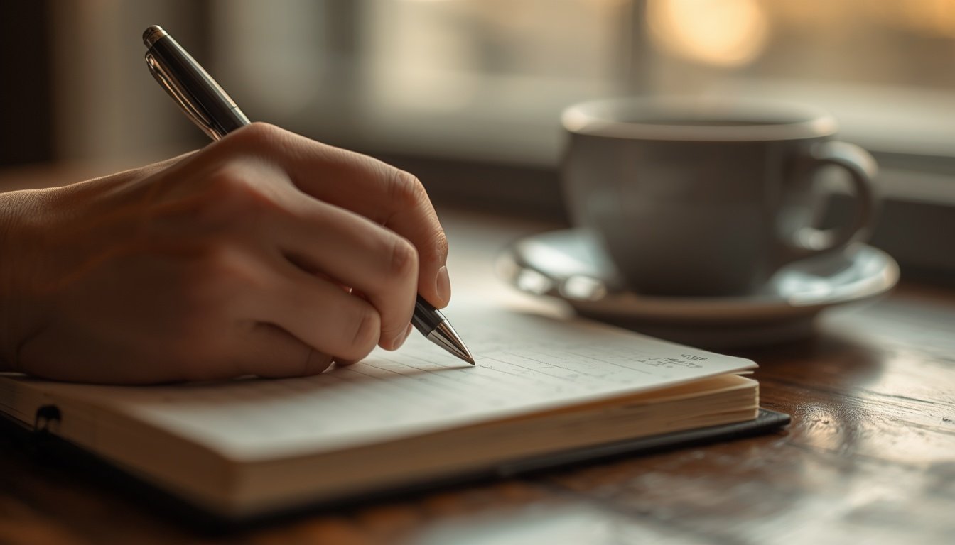 hand journaling money mindset habits with coffee nearby