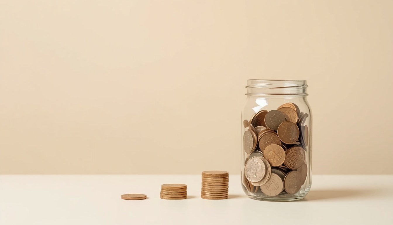 Coins stacked beside a jar representing money saving tips