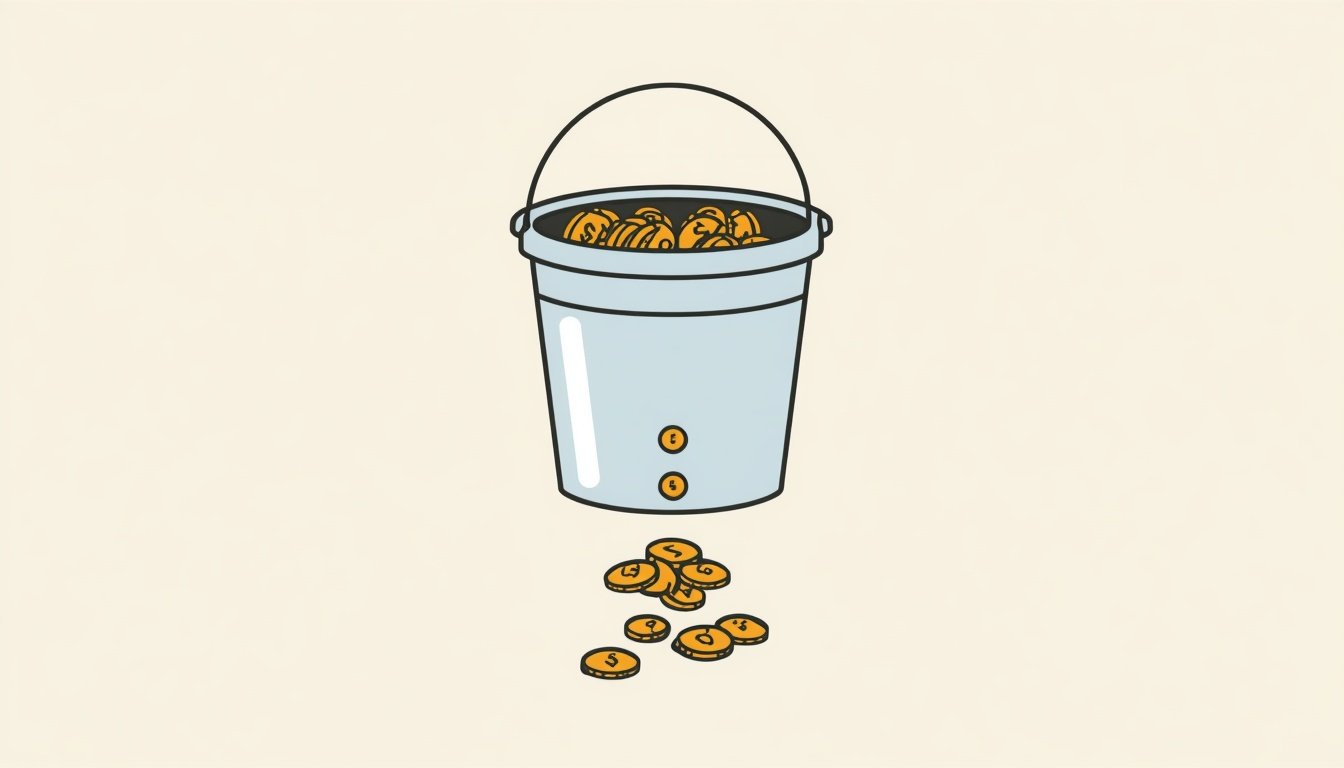 Leaking bucket with coins representing poor money saving habits